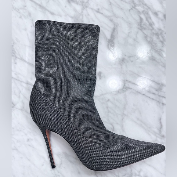 Schutz Mislane Sock Boots, Metallic Pointed Toe Fitted Stiletto, Black/Silver - Picture 4 of 7